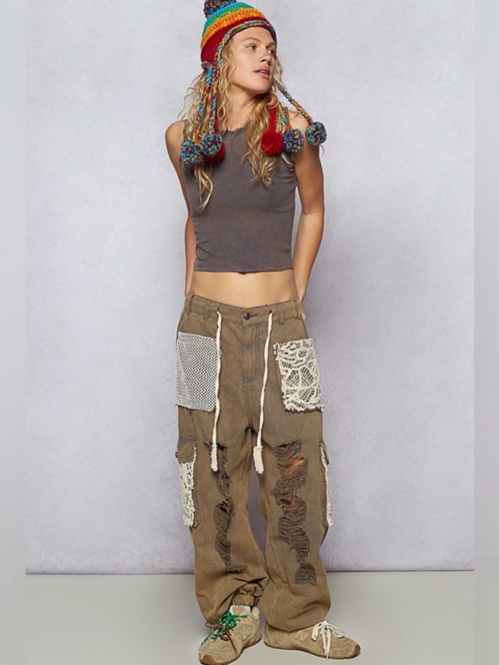 POL Brown Cargo Joggers with Cream Crochet Patchwork